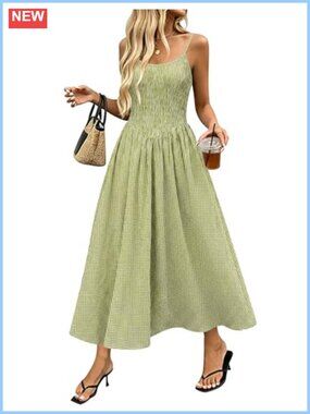 Women Gingham Midi Sundress Smocked Cami with Pockets